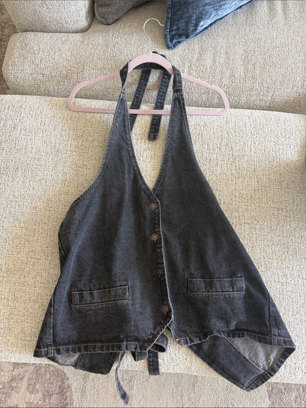 Lioness Black Washed Denim Halter Button-Front Vest